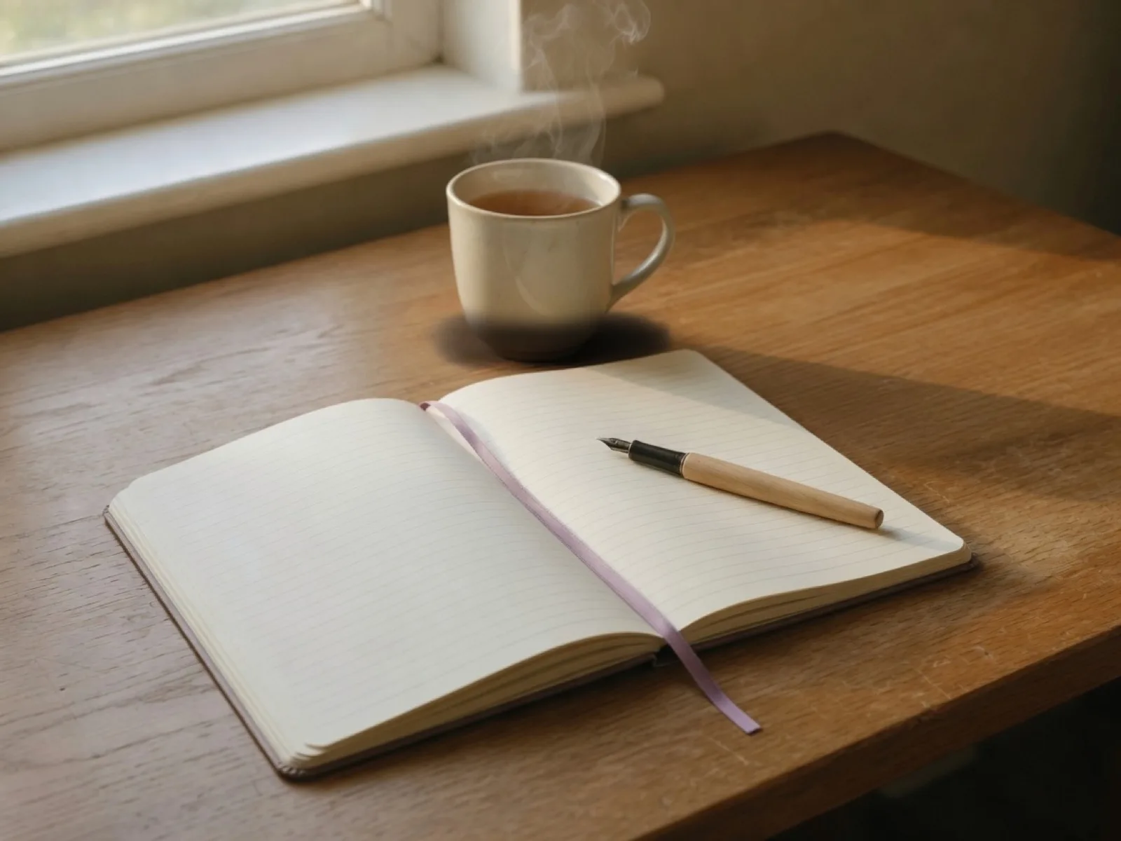 Open notebook, pen, and tea on a sunlit wooden desk